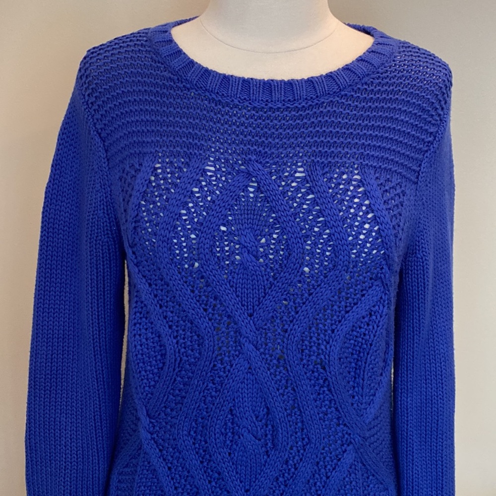 Lands’ End Drifter Royal Blue S Fisherman  Coastal Nautical Cable Knit Sweater - Picture 2 of 8